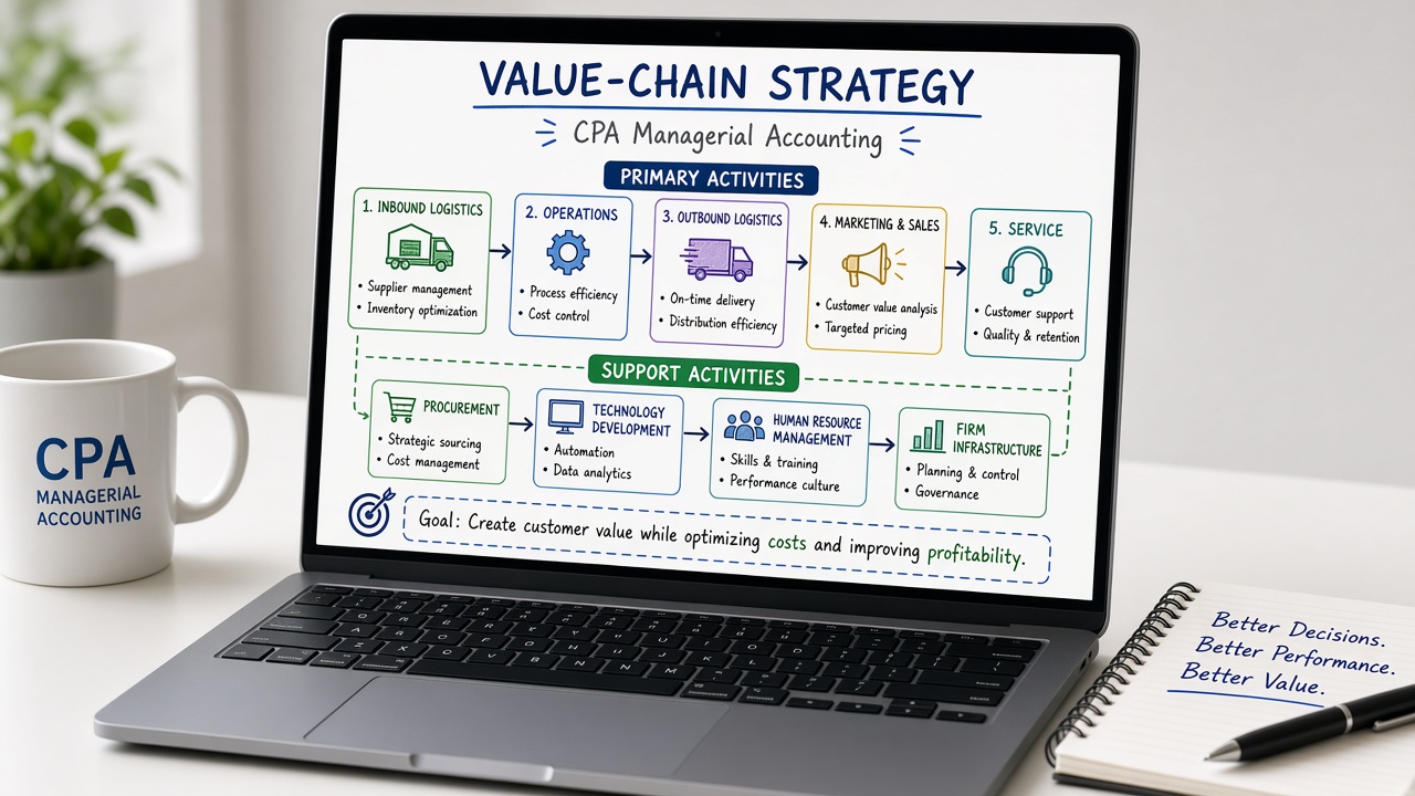 online advanced managerial accounting course strategy charts on a laptop