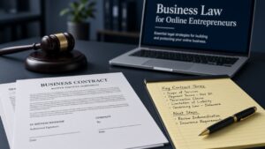 online business law course desk with contract documents legal pad and laptop