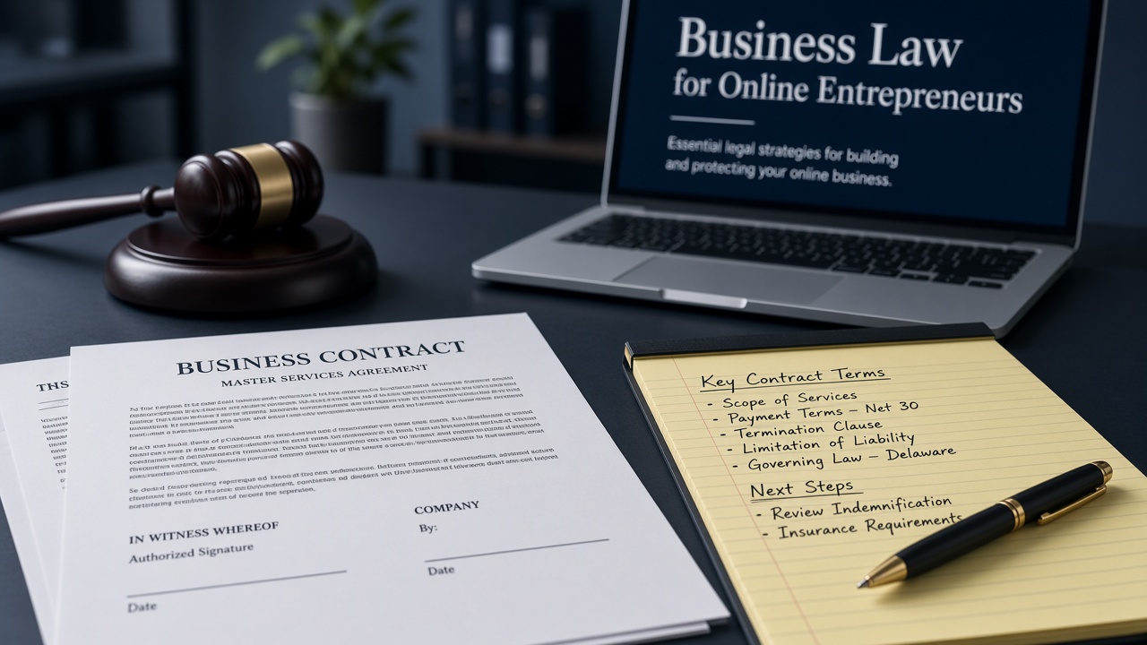 online business law course desk with contract documents legal pad and laptop