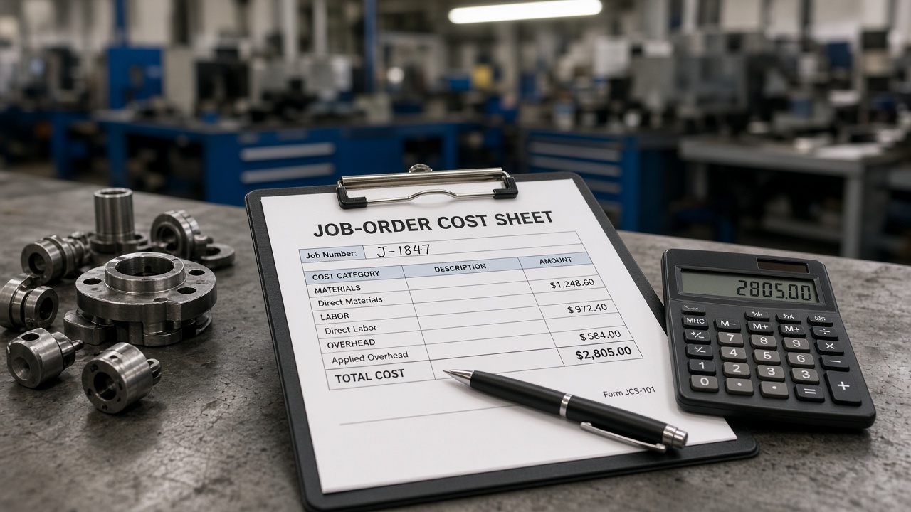 online cost accounting course job order cost sheet on a production clipboard
