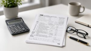 Desk with federal tax Form 1040, calculator, and pen for online Federal Taxation II course