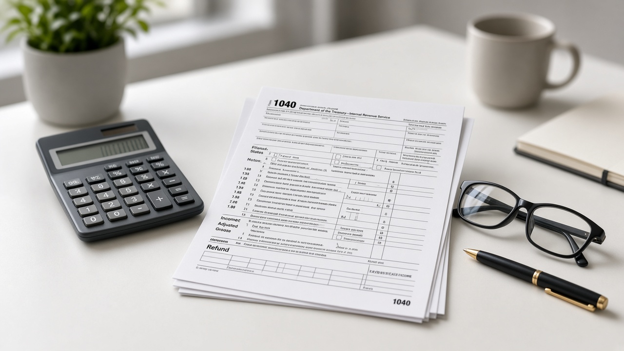 Desk with federal tax Form 1040, calculator, and pen for online Federal Taxation II course