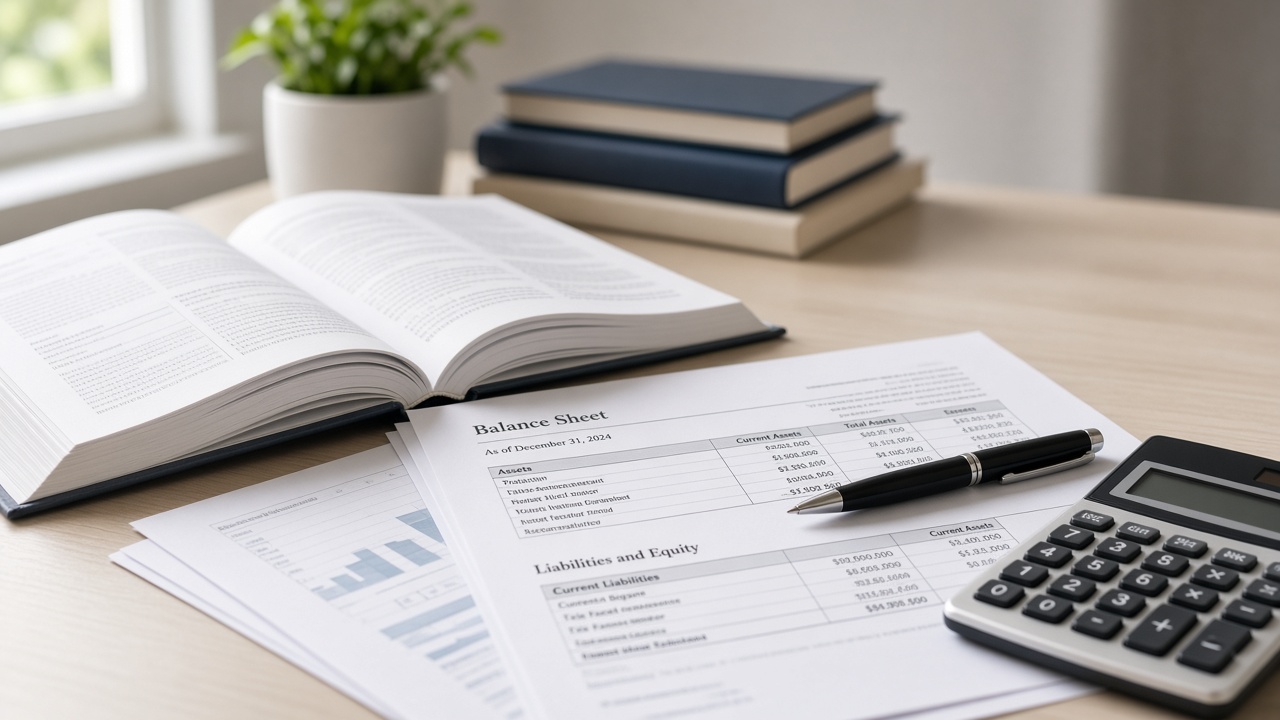 Accounting desk with balance sheet, textbook, and calculator for intermediate accounting