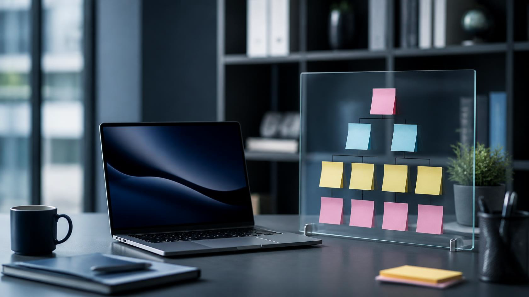 online management principles course desk with org chart sticky notes and laptop