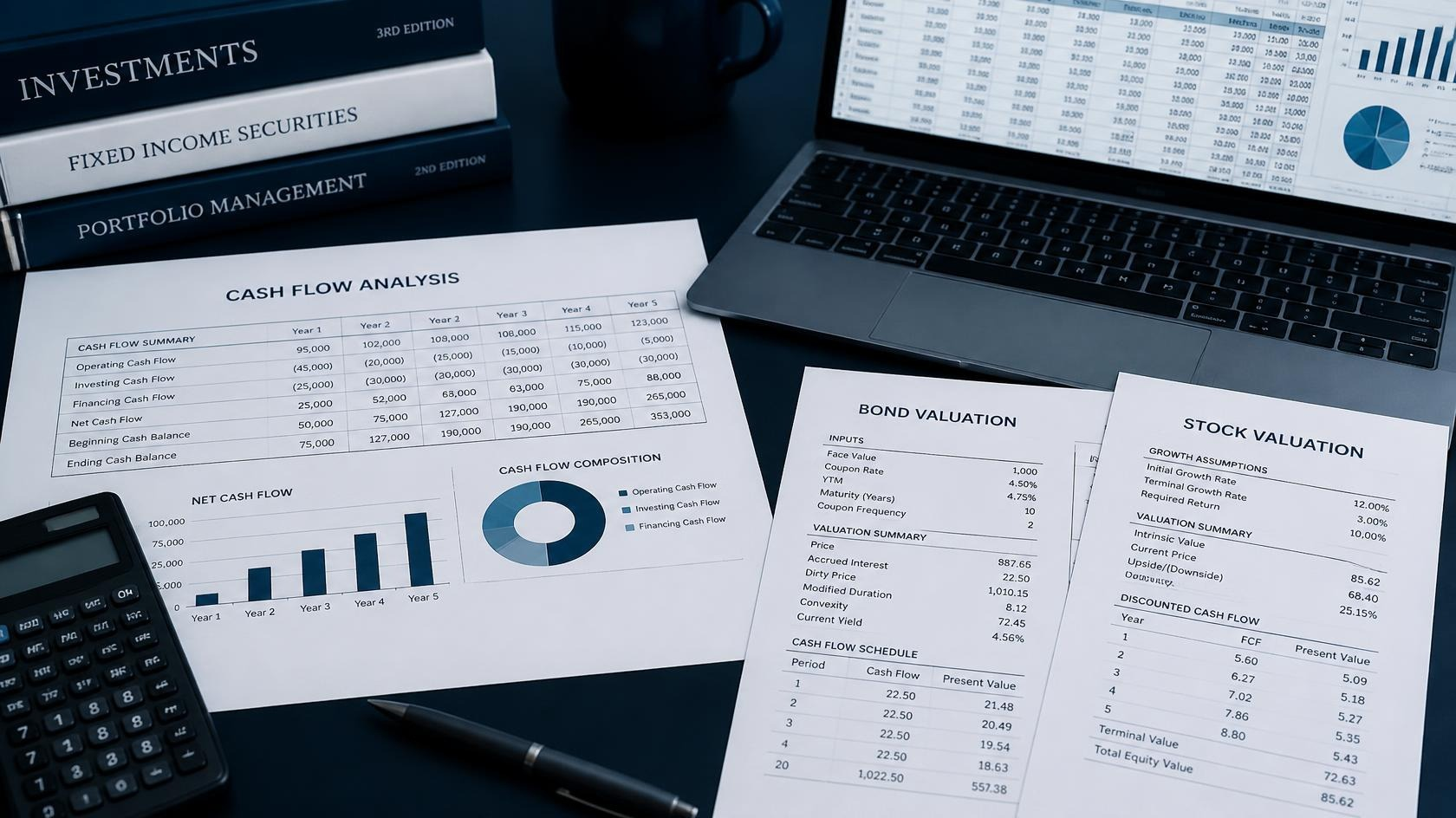 online corporate financial management course desk with cash-flow worksheet calculator and laptop