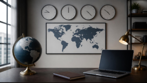 online international management course concept with a desk globe, world map, and wall clocks showing different time zones