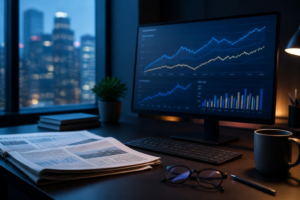online macroeconomics course workspace with GDP trend charts on a monitor and a financial newspaper