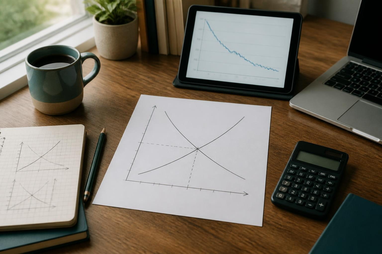 online microeconomics course study desk with supply and demand graph, tablet chart, and laptop