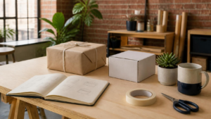 online new venture creation course concept with a wrapped first-order parcel, prototype box, and blank sketchbook on a startup workbench