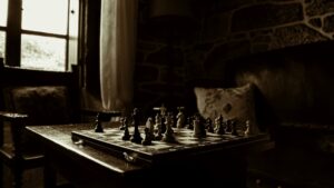 online strategic management course concept with a wooden chess set mid-game on a table beside a window