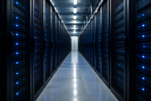 online management information systems course concept with a server room aisle lit by soft blue lights