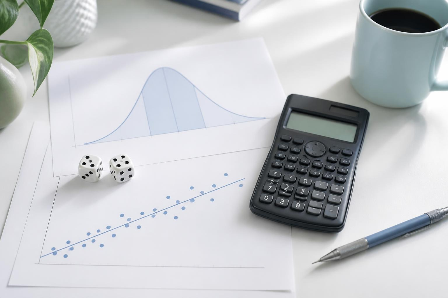 online statistics course study desk with bell curve and regression printouts, dice, and a calculator